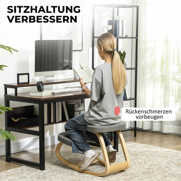 Ergonomisk knäböjd stol, björkträbas, grått tyg