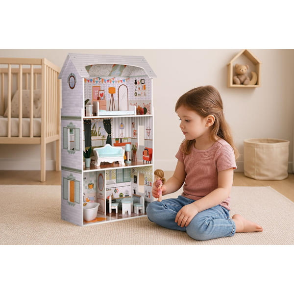 Alice Dollhouse – 3 våningar, 4 rum, set med 9 möbler ECOTOYS