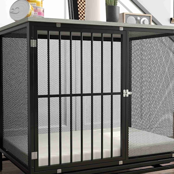 Hundbur för hemmet, Låsbar hundkennel med kudde, Hundlåda med pallar, Hundhus för medelstora hundar under 20 kg, Grå, 88 x 55 x 71 cm