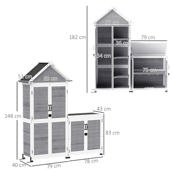 2 in 1 puinen puutarhakaappi, työkaluvaja säilytyskaapilla, lukittava ovi, harjakattohylly, 89x51x182cm, säänkestävä työkalukaappi, työkaluvaja puutar