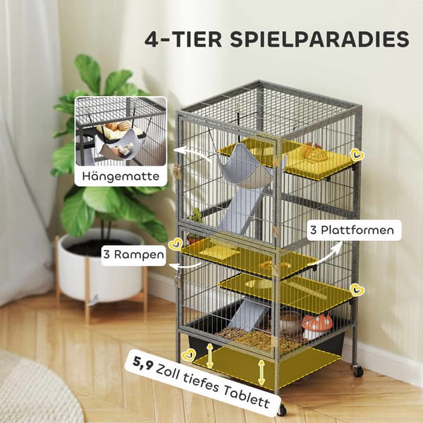 4-våningsbur för smådjur med plattformar och ramper