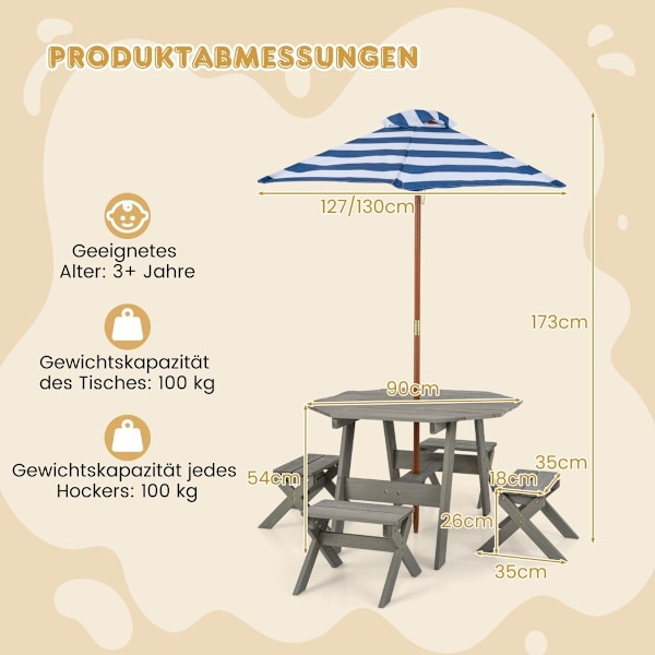 Åttakantig bordstablett av trä med 4 stolar &amp; Höjdjusterbart parasoll picknickbord grått