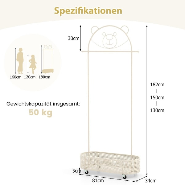 Børnetøjsstativ højdejusterbar fra 130cm/150cm/182cm frakkestativ på hjul hvid