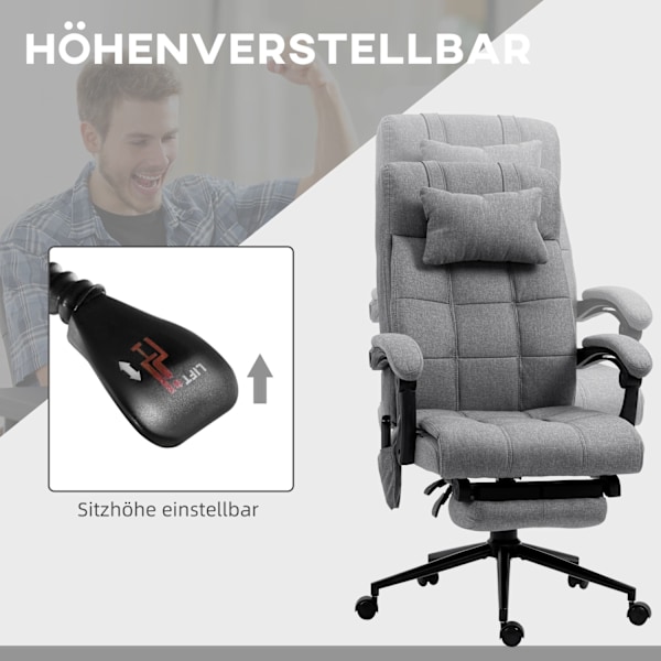 Kontorstol med massagefunktion, ergonomisk, højdejusterbar, lændevarme, fodstøtte, nakkestøtte, polyester, 66x76x112-120cm, grå