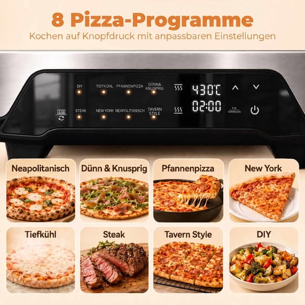 12-tommer elektrisk pizzaovn, 8 programmer, 430C, keramisk sten