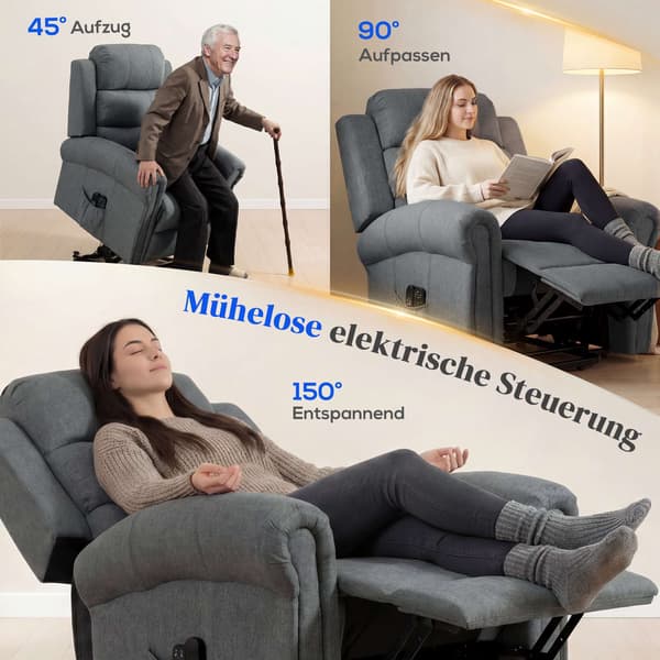 Lænestol med løftefunktion og massage, varme, linnedlook, grå