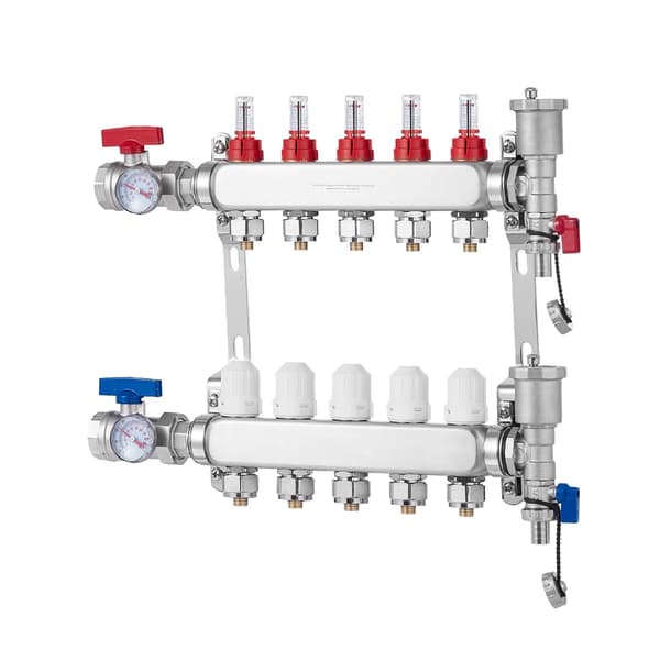 PEX-varmemanifold, 5-løkker, rustfrit stål, 1/2" adaptere