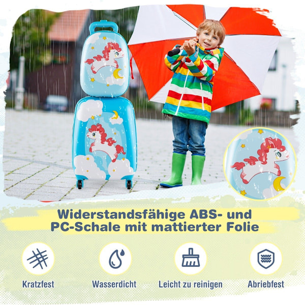 2-delt børnekuffert + rygsæk lavet af plastik børnevogn børnebagage 12"+16" blå hest