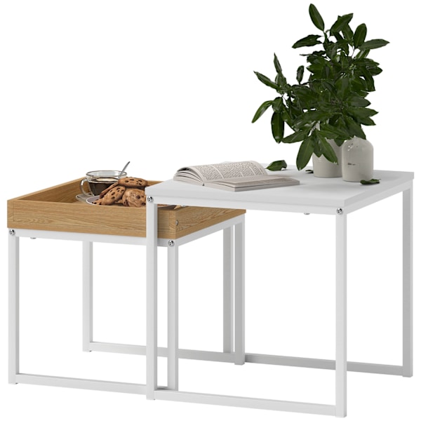 Sæt med 2 sofaborde, firkantede sideborde, sofabord med stålstel, sofabord i moderne design, til stue, bæreevne op til 30 kg, hvid + eg
