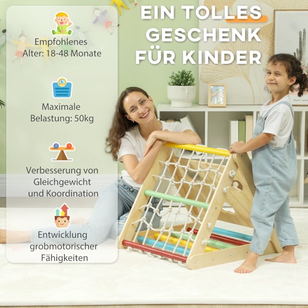 4 i 1 klätterställning med rutschkana, klättertriangel för glidning och klättring, klätterleksak i trä, för barn 1,5-4 år, inomhus, flerfärgad