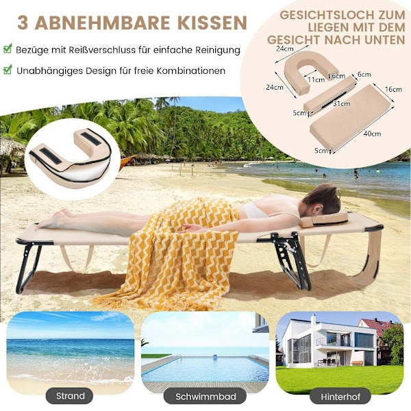 Hopfällbar solstol strandstol med ansiktsöppning beige