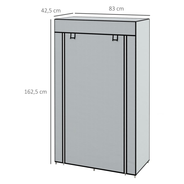 Tyggarderob, Platsbesparande Garderob Med 5 Fack Och Klädstång, Dragkedja, Hopfällbar Garderob, Ljusgrå