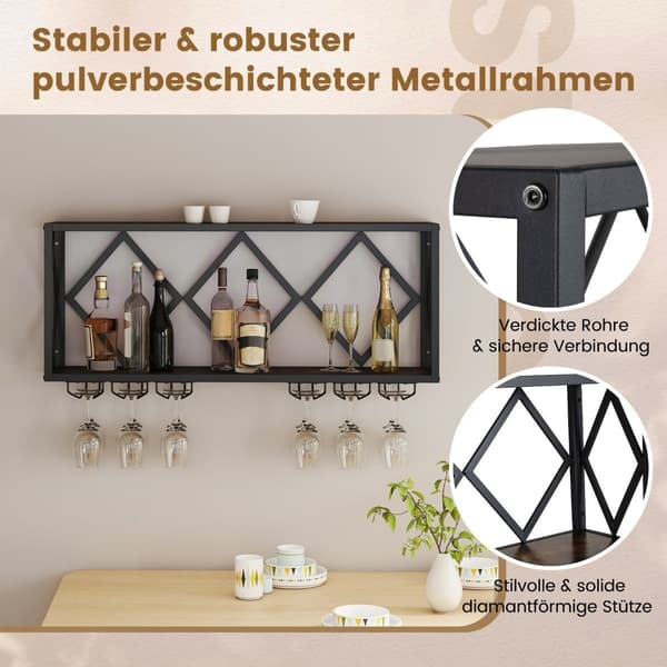 Seinälle kiinnitettävä viiniteline LED-valoilla ja lasitelineillä