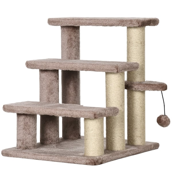 Katttrappa, djurtrappa för katter, hundtrappa, 3 steg, med skrapstolpar, lekboll, plysch, brun, 45x40x48cm