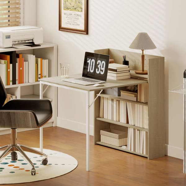 Sammenklappeligt spisebord med hylde, industrielt design, egetræ, pladsbesparende