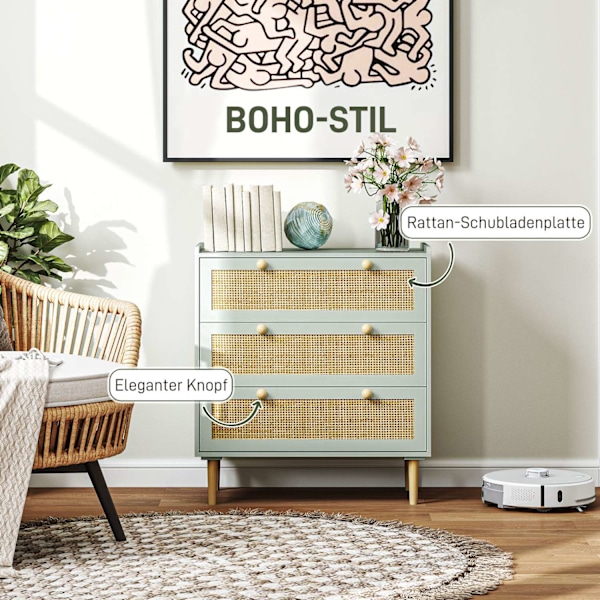 Kommode sideskab med 3 skuffer, skænk med boho stil, rattan look, skuffe kommode til stue, soveværelse, lyseblå 80 x 40 x 87,5 cm