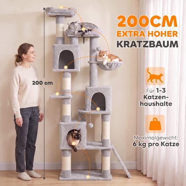 Högt klösträd, 200 cm med bäddar, hängmatta, för 3 katter
