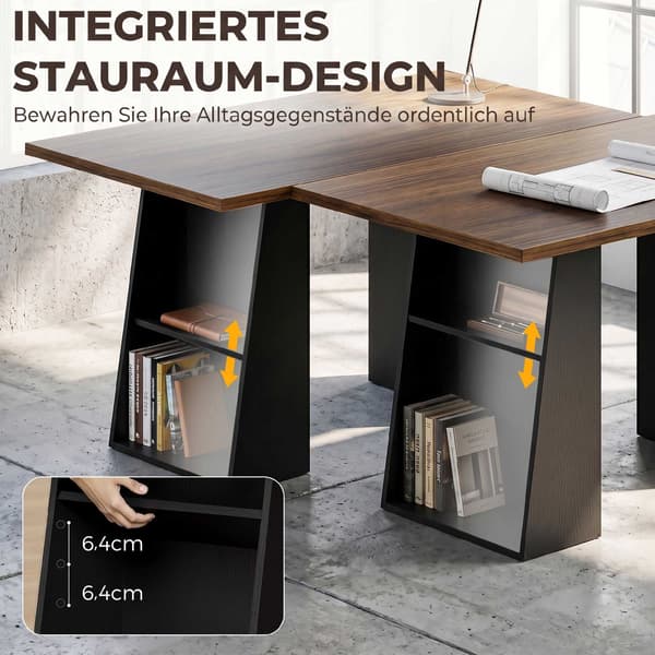 Industrielt computerbord 140 cm, 4 åbne hylder, brun-sort