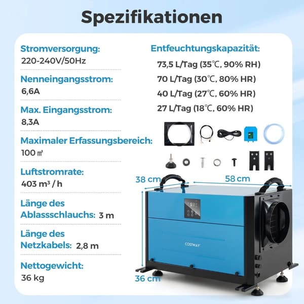 Industriel affugter, 73,5 l/dag, 3 tilstande, timer
