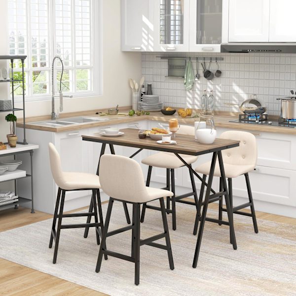 Barbord med barstolssæt, 5-delt spisestuesæt, køkkenbord, bistrobord med 4 stole, barbordssæt til køkken, stue, stål, beige, 120 x 60 x 91 cm