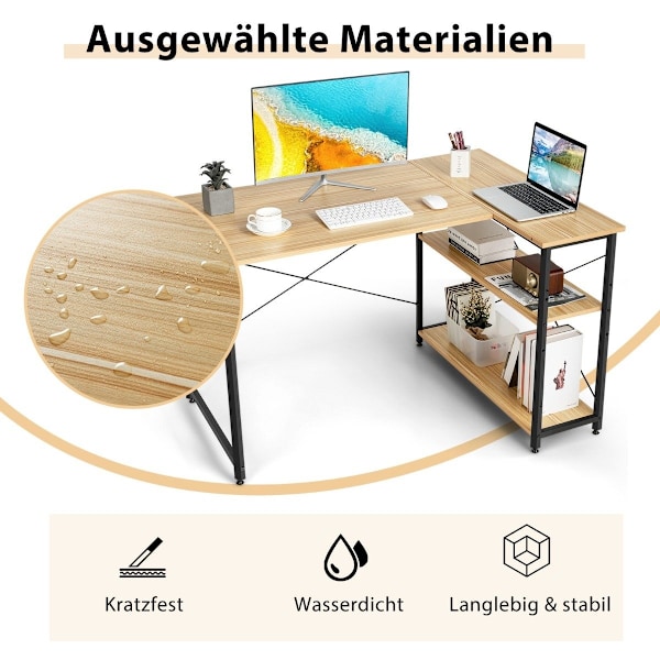 L-formet skrivebord hjørne computerbord med opbevaringsrum kontorbord 120 x 88 x 74,5 cm natur