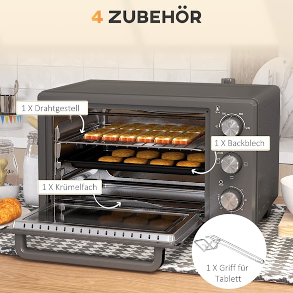 Miniuuni 21L 1400W 60 min Ajastin, pieni uuni 100°C-230°C säädettävällä lämpötilalla, miniuuni uunipellillä, ritilä, pöytäuuni ruostumatonta terästä,