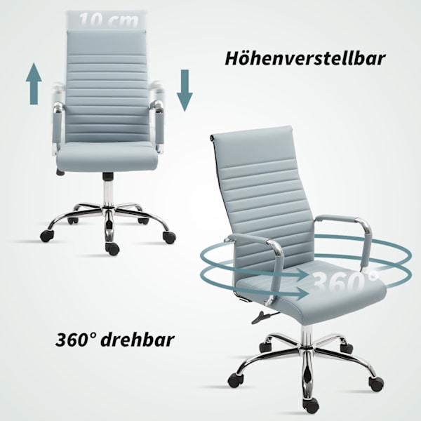 Kontorsstol, ergonomisk skrivbordsstol med vippfunktion, höj- och sänkbar snurrstol med armstöd, datorstol, konstläder, ljusgrå Aosom