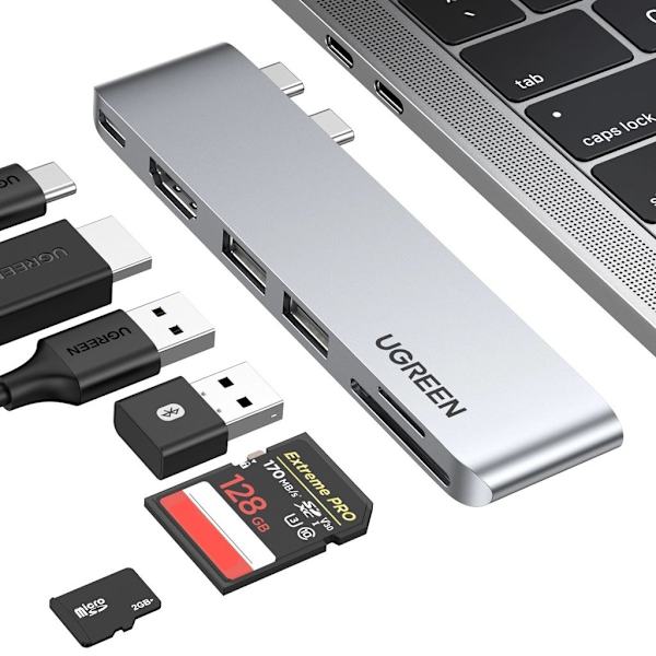 Ugreen Hub 2xUSB-C til HDMI / 2xUSB 3.0 / SD TF / USB-C PD - Grå