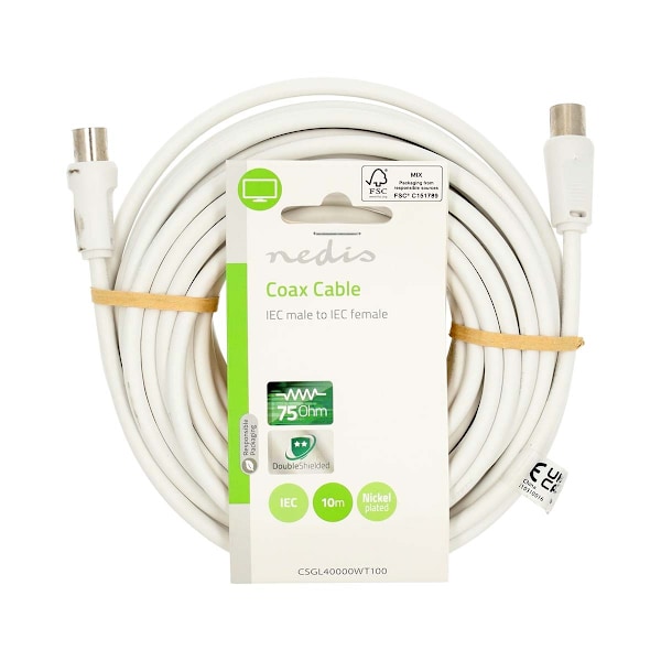 Koaksiaalikaapeli | IEC (Coax) Uros | IEC (Coax) Naaras | Niklattu | 90 dB | 75 Ohm | Tuplasuojattu | 10.0 m | Pyöreä | PVC | Valkoinen | Label
