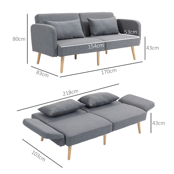 3-istuttava sohva nukkumistoiminnolla, 170x83x80cm, 3-portaisesti säädettävä selkänoja ja jalat, aaltojouset, tyynyt, pellava look, harmaa