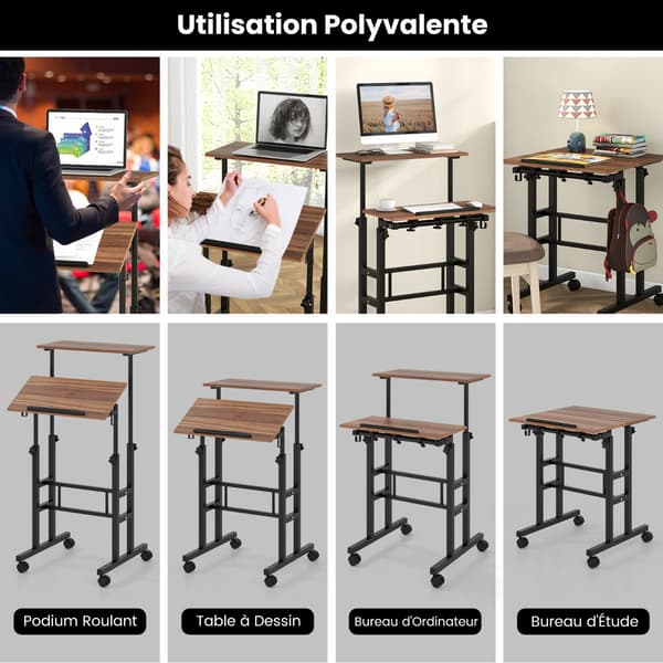 Höjdjusterbart ståbord med hjul, lutningsbart bricka