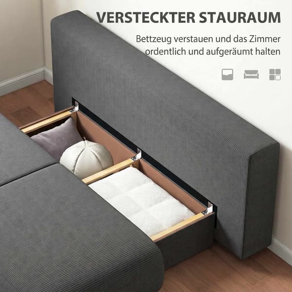 Konvertibel grå manchesterbäddsoffa med förvaring