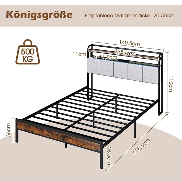 King Size sängram med LED-ljus & laddstation & vadderad sänggavel metallram sängram