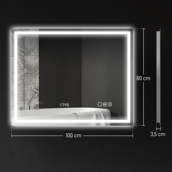 LED-badrumsspegel, Bluetooth, 80x100 cm, pekskärm