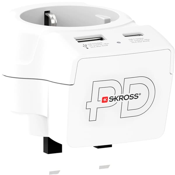 EU til UK stikadapter, USB-A/USB-C 20W PD jordet