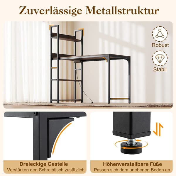 Computerbord med ladestation og bogreol, brun