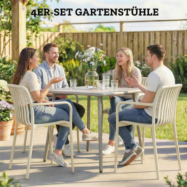 Stapelbara utomhusstolar, set om 4, krämvit, ergonomisk design