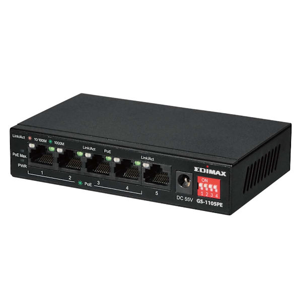Long Range 5-Port Gigabit PoE+ Switch med 4 PoE+ porte og DIP-switch