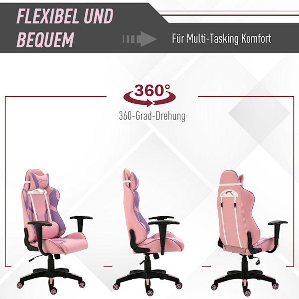 Gaming Chair Ergonominen Työtuoli, Kääntötuoli, Säädettävä Hieronta Lannetyyny, Korkeussäädettävä, Vaaleanpunainen & Purppura, 69X56X125,5Cm