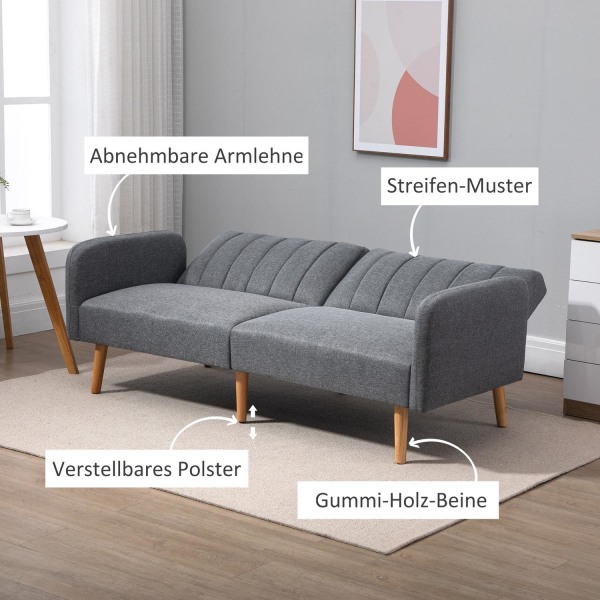 Bäddsoffa, Hopfällbar Soffa, 2-Sits, Bäddsoffa Med Sovfunktion, Linneliknande Polyester, Gummiträ, Grå, 173X75X73Cm