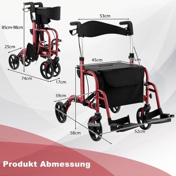 Lättvikts hopfällbar rollator & rullstol 2-i-1, röd