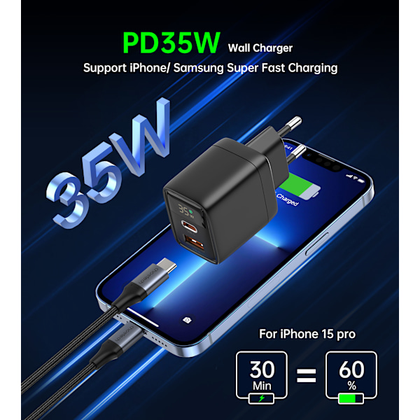 Pieni, tehokas GaN USB-A USB-C PD 35W verkkolaturi näytöllä, musta