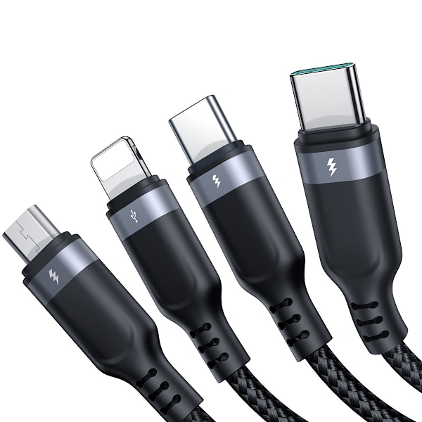 4in1-kaapeli USB-A - 2x USB-C iPhone Lightning microUSB 1,2m musta
