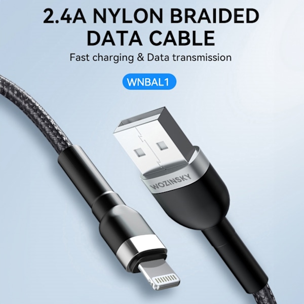 Punottu kaapeli iPhonelle USB-A - Lightning 2.4A 1m musta
