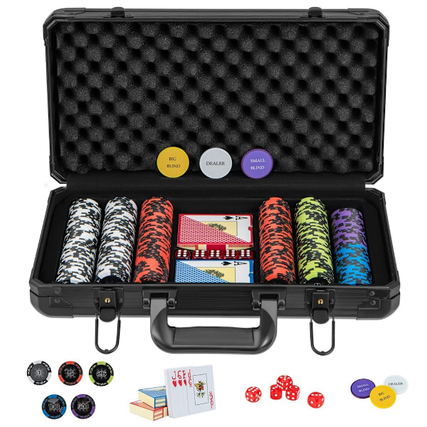 Pokerset med 300 lasermarker & spelkort & 5 tärningar & 3 dealermarker & 2 nycklar pokerfodral