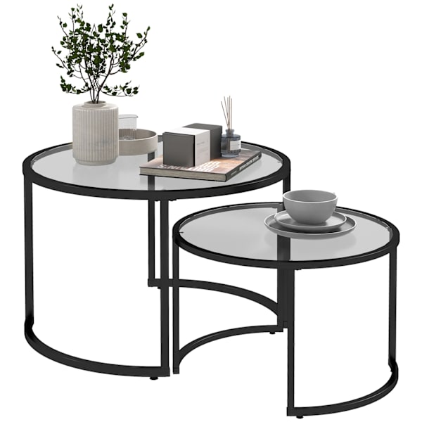 Sofabord Sæt Af 2, Sidebord Med Sort Stålstel, Sofabord, Sofabord Med Hærdet Glas Bordplade, Delvis Stabelbar