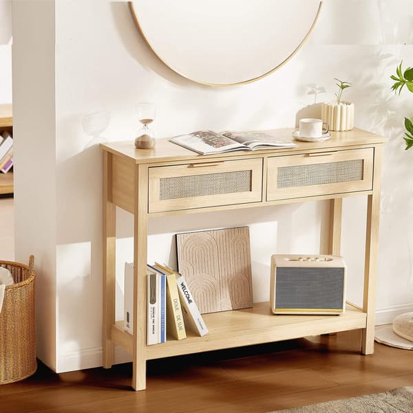 Rattan konsolbord med 2 skuffer, skydedør
