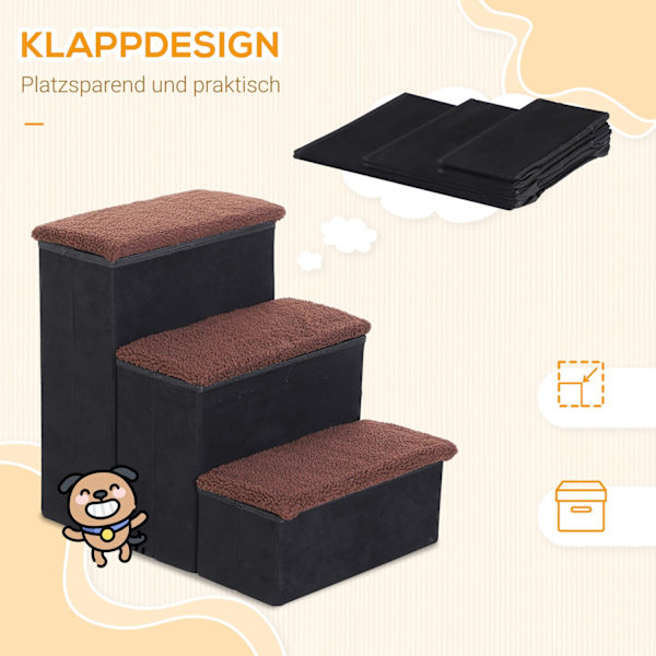 Pet Stairs Foldbar Kattetrappe/Hundetrappe Med 3 Trin Og Opbevaringsplads, Til Katte Og Hunde, Mdf, Sort, 40X54X48Cm