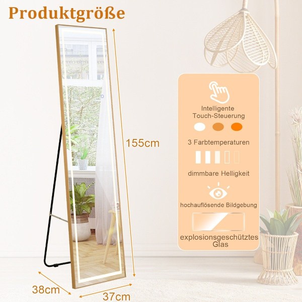 155 cm fullängdsspegel med gyllene aluminiumram och explosionssäker rektangulär stående spegel med film