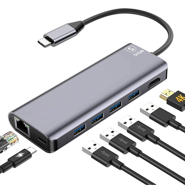 SiGN 7-i-1 USB-C-hubb HDMI RJ45 USB-C, max 100W, 20V, 5A - Grå